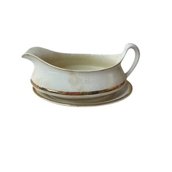 Vintage Homer Laughlin Gravy Boat With Attached Underplate Gold Trim Ironstone E - Picture 1 of 11